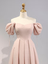 A-Line Puff Sleeves Satin Pink Long Prom Dress, Pink Long Bridesmaid Dress