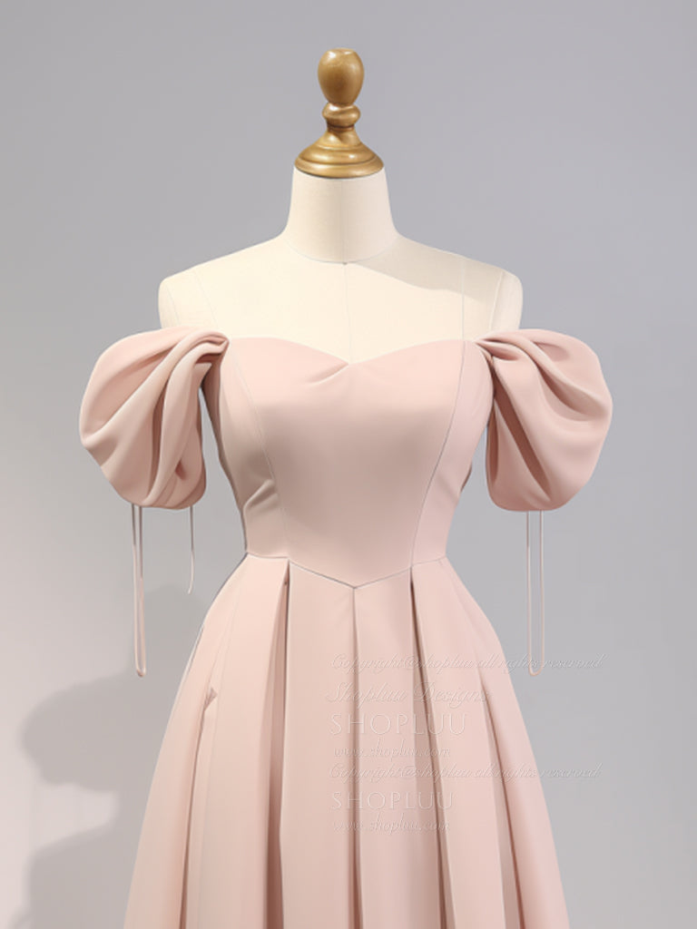 A-Line Puff Sleeves Satin Pink Long Prom Dress, Pink Long Bridesmaid Dress