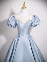 A-Line Puff Sleeves Satin Blue Long Prom Dress, Blue Long Formal Dress