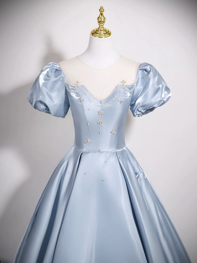A-Line Puff Sleeves Satin Blue Long Prom Dress, Blue Long Formal Dress