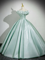 A-Line Off Shoulder Satin Mint Green Long Prom Dress, Mint Green Long Formal Dress