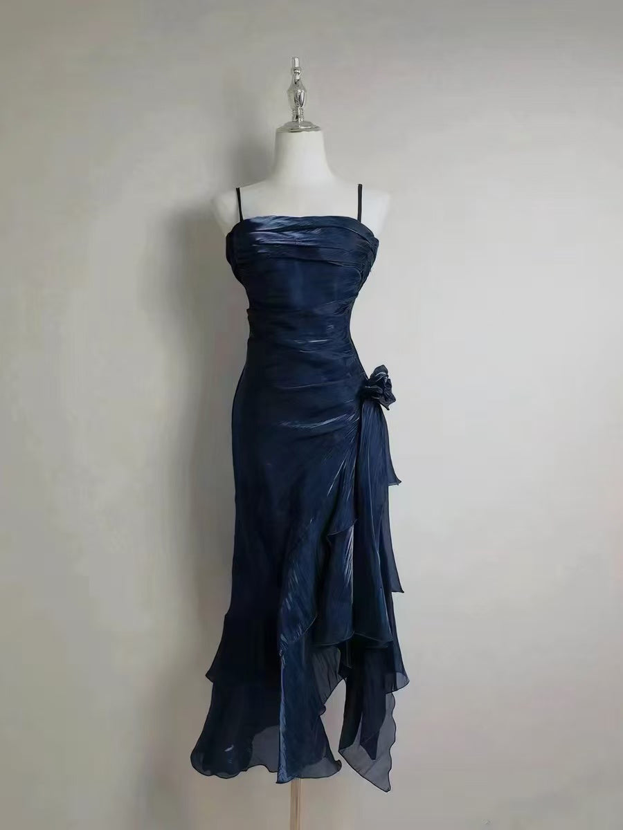 Elegant Silk Tea Length Silk Dark Blue Prom Dress, Dark Blue Party Dress