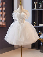 A-Line Off Shoulder Tulle Lace Short Prom Dress, White Homecoming Dress