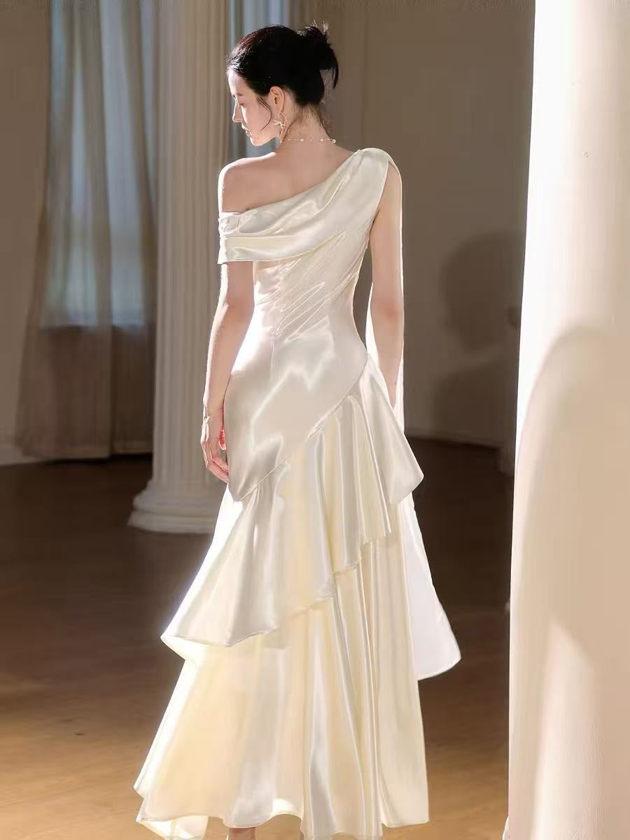 Simple One Shoulder ivory Satin Long Prom Dress with Cascading Ruffles