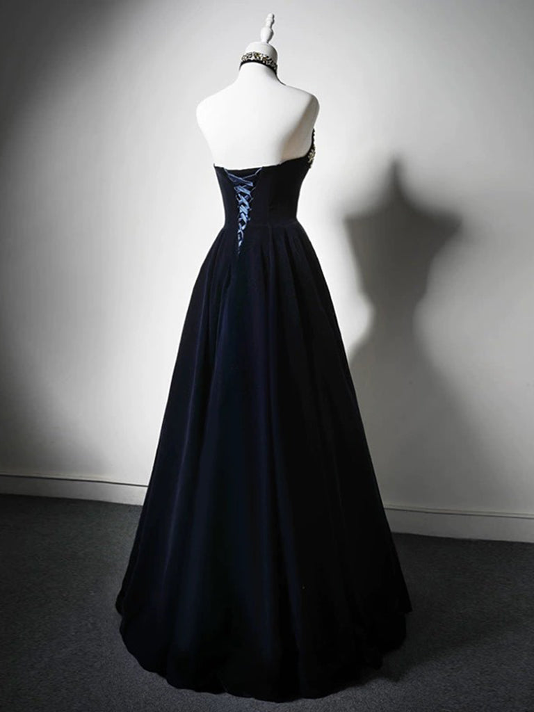 Simple A-Line Velvet Dark Blue Long Prom Dress with Beads – shopluu