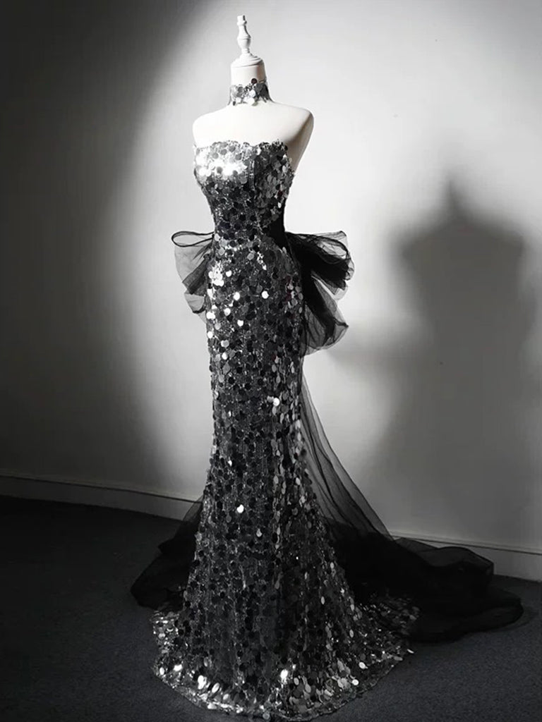 silver and black mermaid prom dress Simple Tulle Sequin Black/Silver Long Dress, Black/Silver Sequin Lace 3
