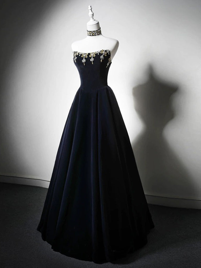 Simple A-Line Velvet Dark Blue Long Prom Dress with Beads – shopluu