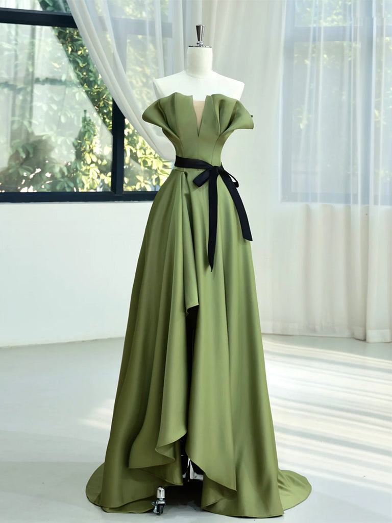 A-Line Satin Green Long Prom Dress, Green Long Formal Dress