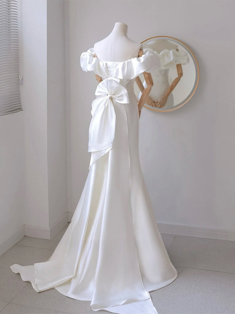 A-Line Off Shoulder Satin White Long Prom Dress, White Long Party Dress