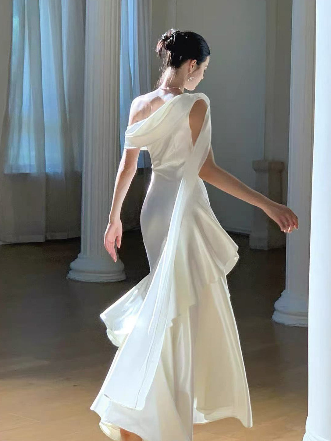 Simple One Shoulder ivory Satin Long Prom Dress with Cascading Ruffles