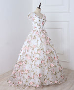 White V Neck 3D Flowers Long Prom Dress, White Evening Dress