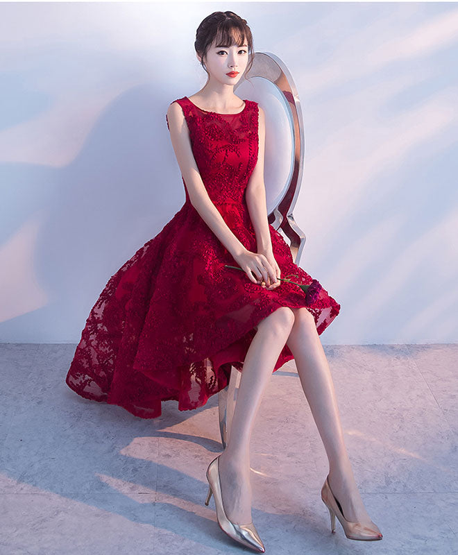 Burgundy High Low Short Prom Dress, Homecoming Dress