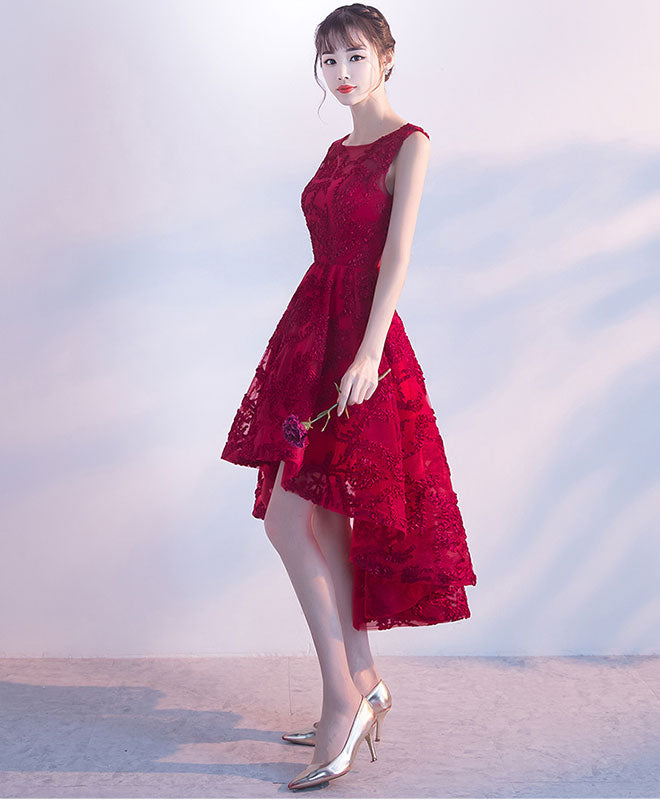 Burgundy High Low Short Prom Dress, Homecoming Dress