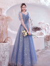 Blue Tulle Lace Long Prom Dress, Blue Tulle Formal Graduation Dresses