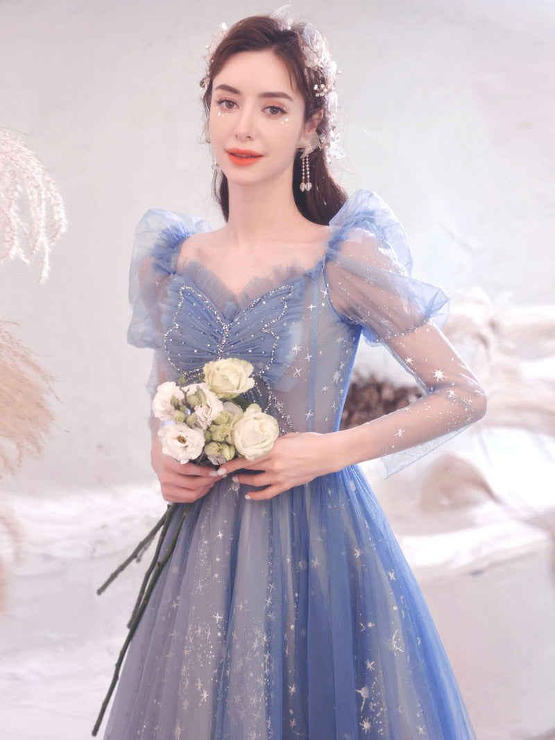 Blue Tulle Lace Long Prom Dress, Blue Tulle Formal Graduation