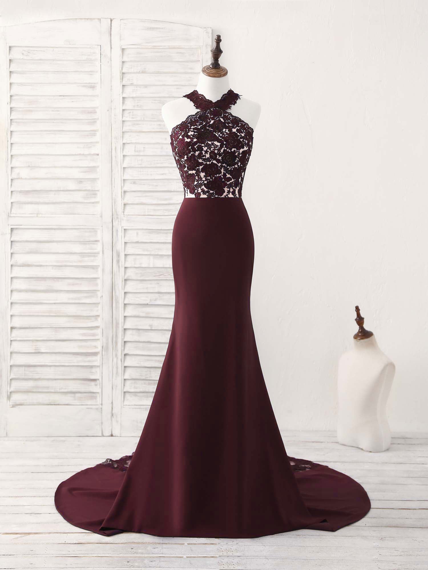 Burgundy Lace Mermaid Long Prom Dress Burgundy Bridesmaid Dress – shopluu
