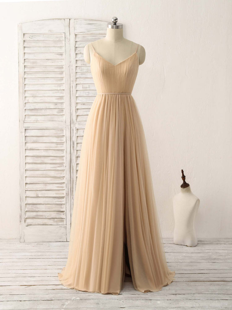 Simple V Neck Tulle Chiffon Long Prom Dress Champagne Bridesmaid Dress