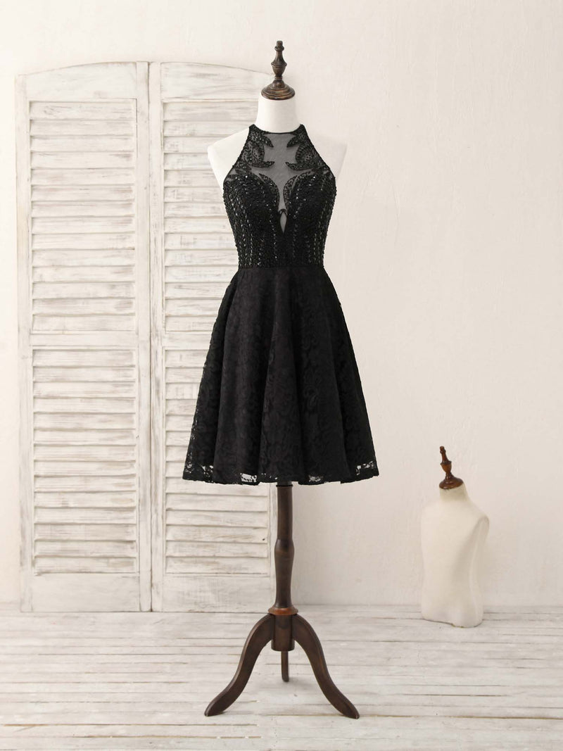 Black Round Neck Lace Beads Short Prom Dress, Black Homecoming Dress