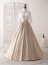 Champagne Round Neck Satin Lace Long Prom Dress, Evening Dress