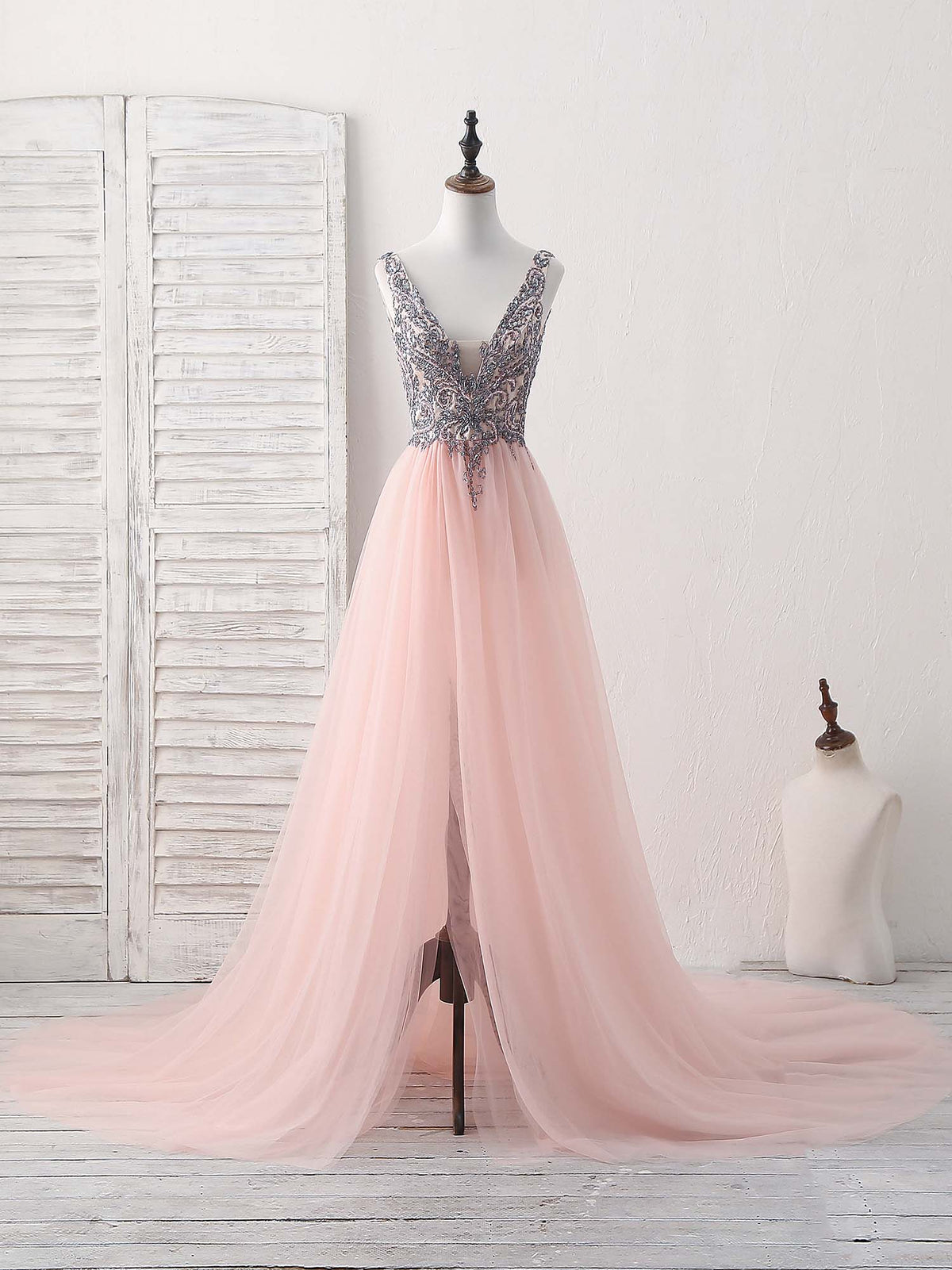 Pink V Neck Tulle Beads Long Prom Dress, Pink Evening Dress