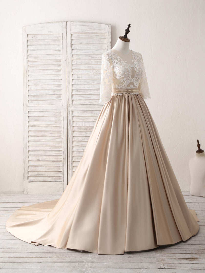 Champagne Round Neck Satin Lace Long Prom Dress, Evening Dress