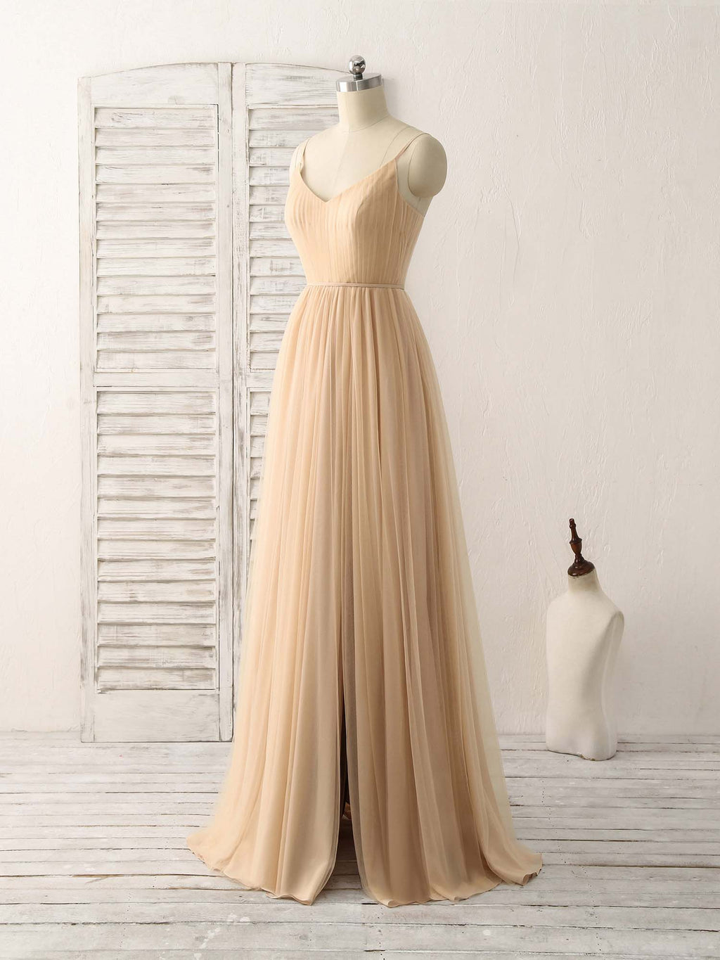 champagne chiffon dress Simple V Neck Tulle Chiffon Long Prom Dress Champagne Bridesmaid Dress – shopluu