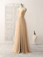 Simple V Neck Tulle Chiffon Long Prom Dress Champagne Bridesmaid Dress