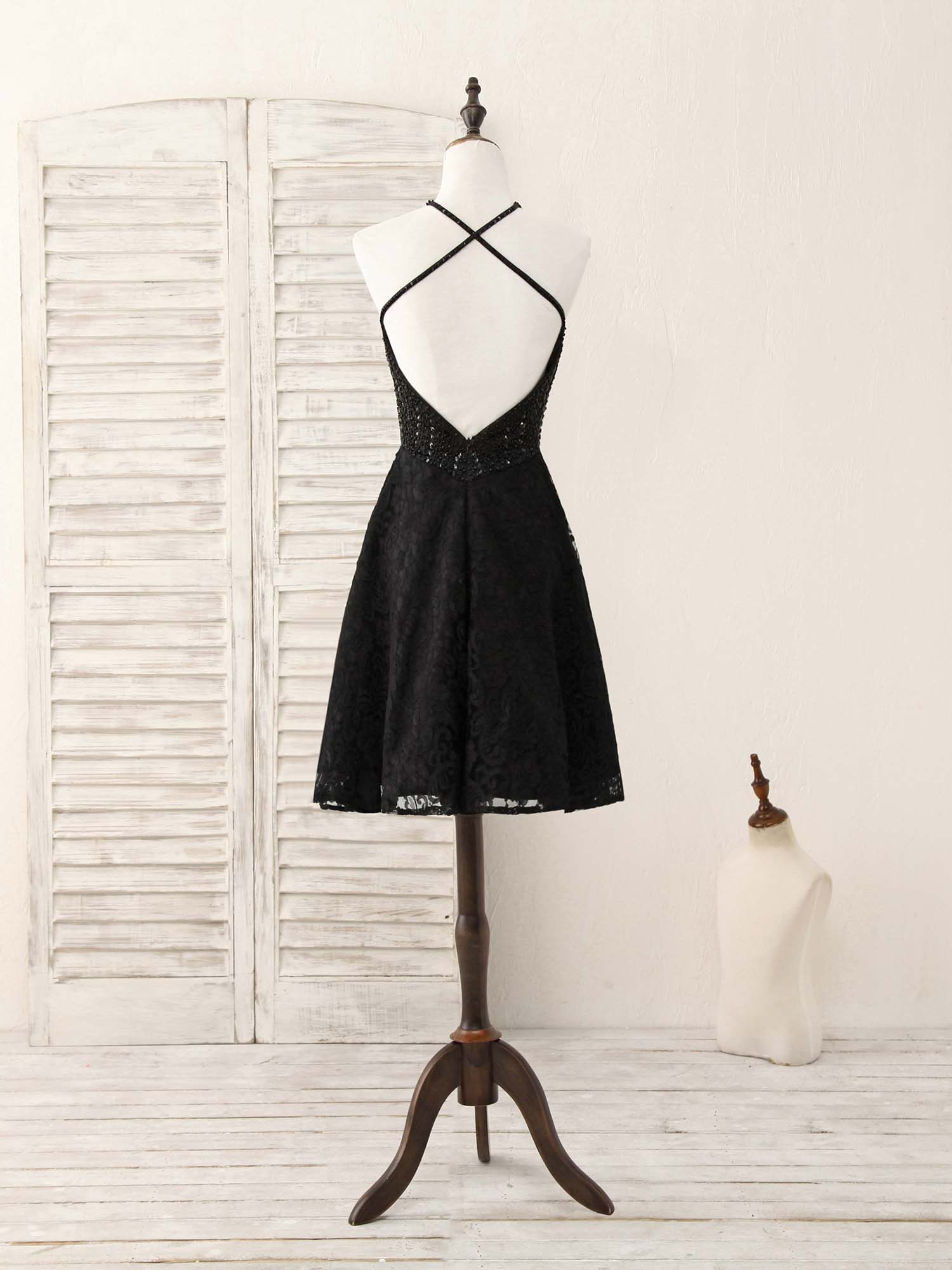 Black Round Neck Lace Beads Short Prom Dress, Black Homecoming Dress Custom Size / Black Black Round Neck Lace Beads Short Prom Dress, Black Homecoming Dress Custom Size / Black