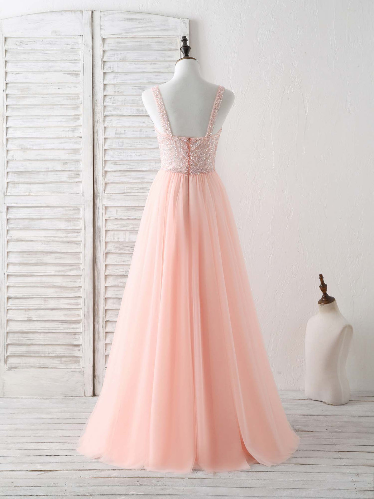 A-Line Tulle Beads Long Prom Dress, Tulle Evening Dress