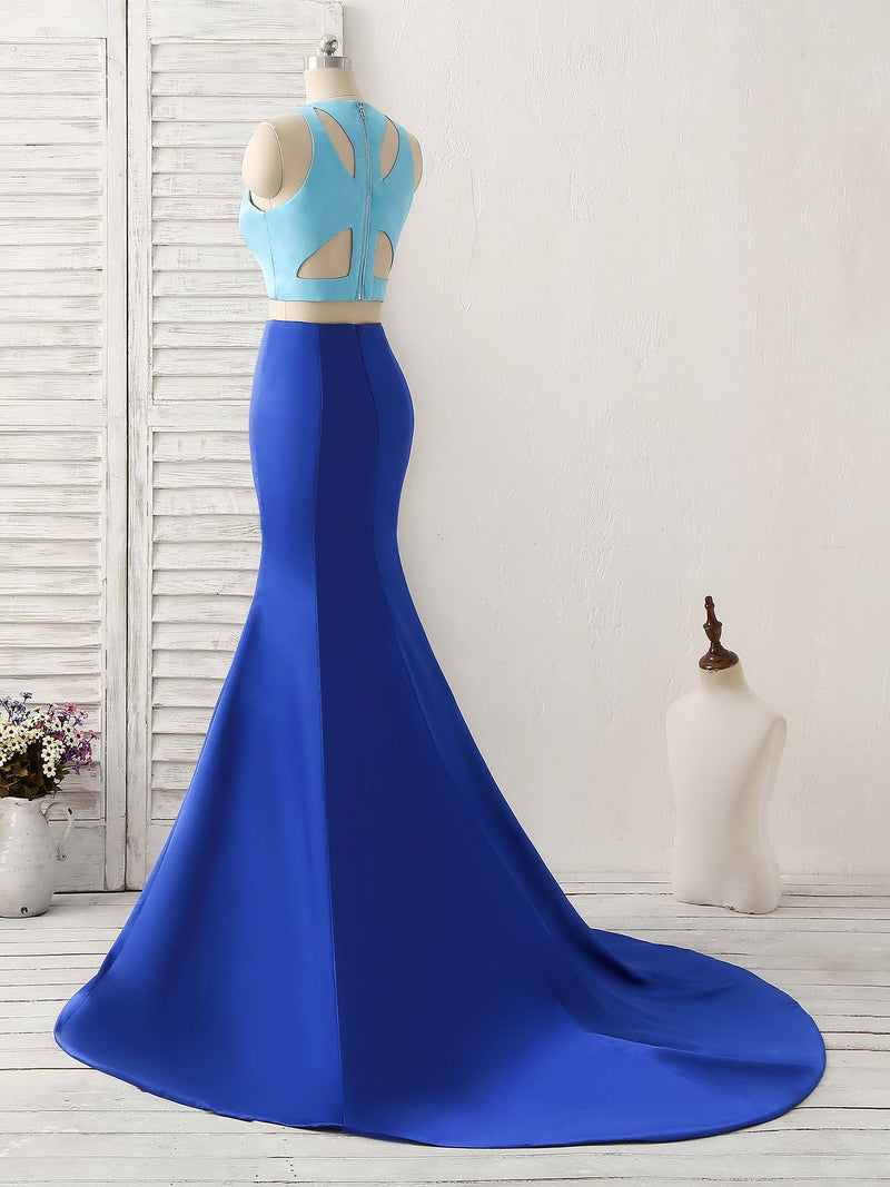 Royal Blue Two Pieces Satin Long Prom Dress, Blue Evening Dress