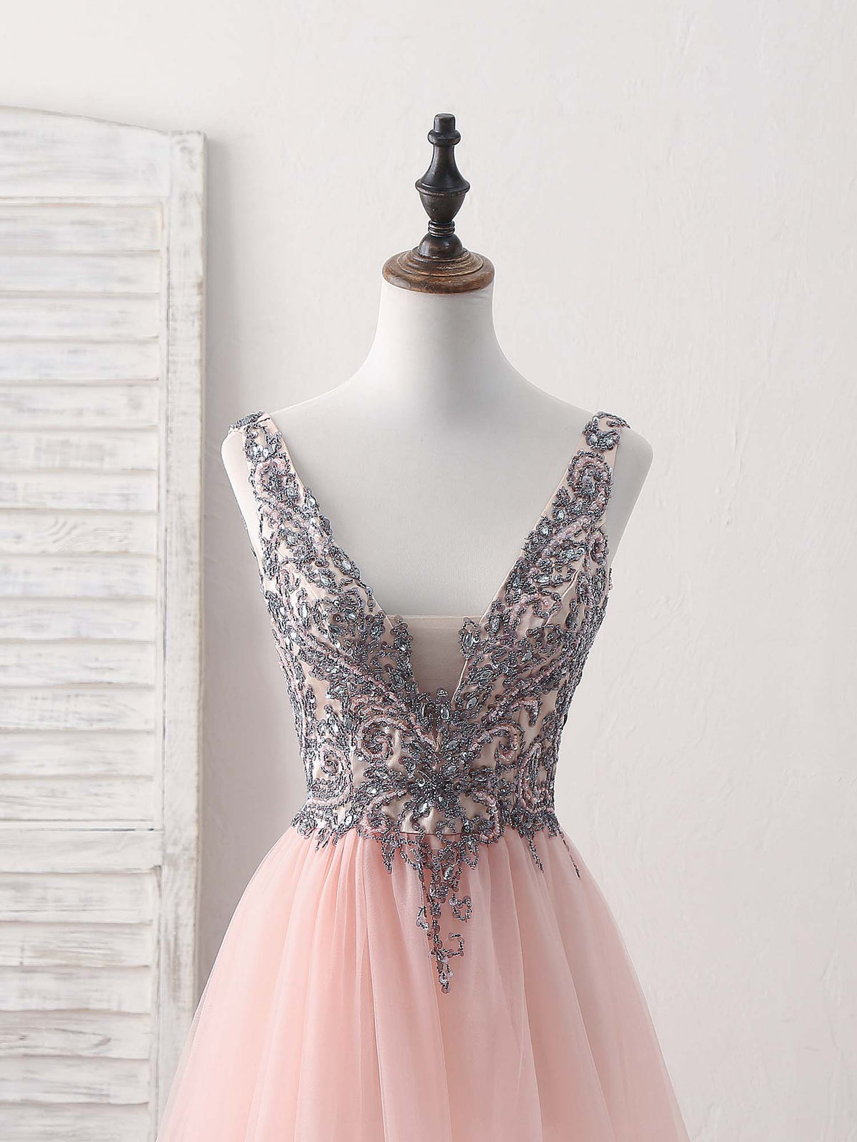 Pink V Neck Tulle Beads Long Prom Dress, Pink Evening Dress