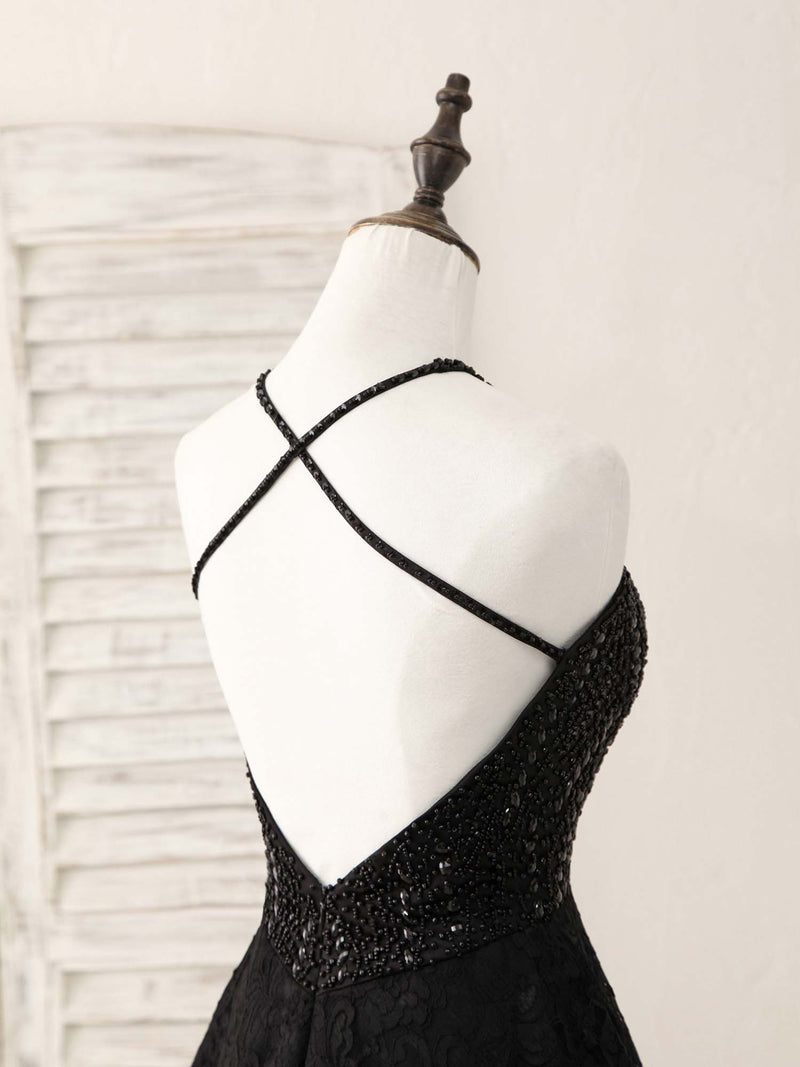 Black Round Neck Lace Beads Short Prom Dress, Black Homecoming Dress shopluu Black Round Neck Lace Beads Short Prom Dress, Black Homecoming Dress shopluu