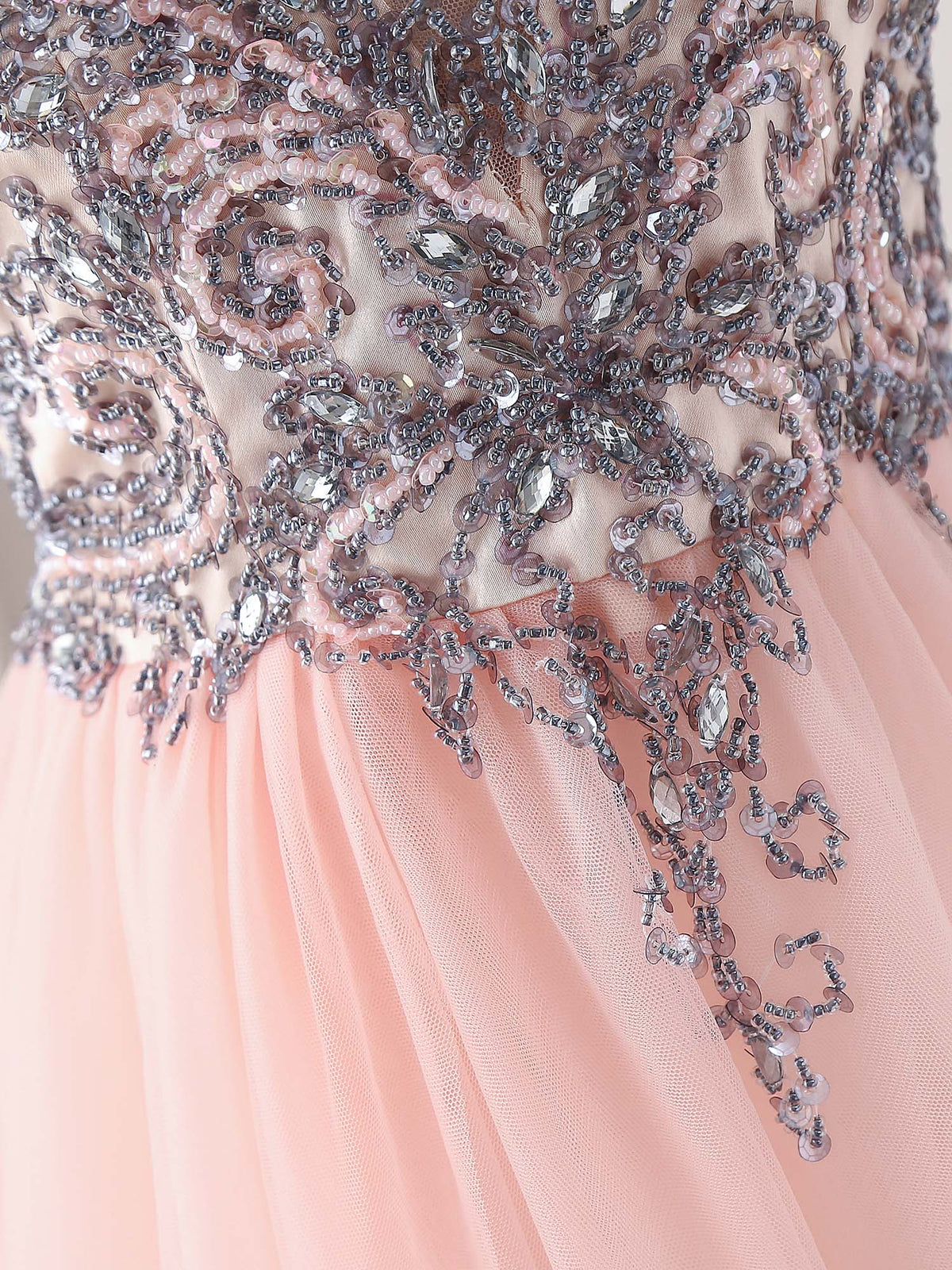 Pink V Neck Tulle Beads Long Prom Dress, Pink Evening Dress