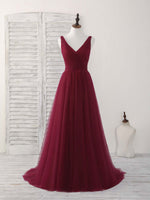 Simple V Neck Burgundy Tulle Long Prom Dress Burgundy Evening Dress