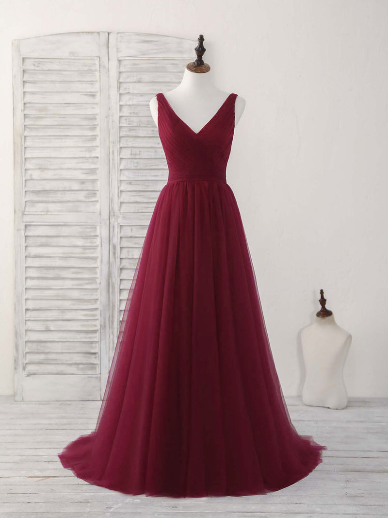Simple V Neck Burgundy Tulle Long Prom Dress Burgundy Evening Dress