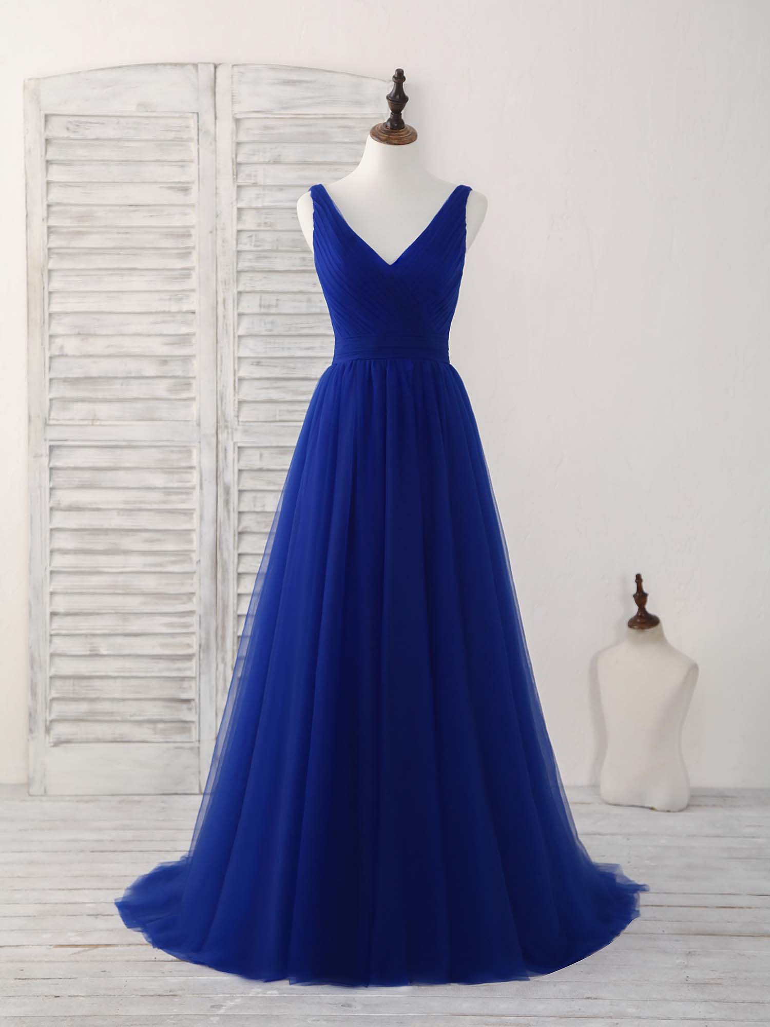 Simple V Neck Royal Blue Tulle Long Prom Dress Blue Evening Dress US 12 / Custom Color Simple V Neck Royal Blue Tulle Long Prom Dress Blue Evening Dress US 12 / Custom Color