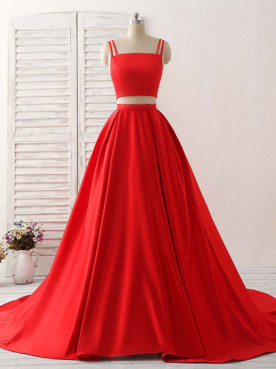 long red evening dress Red Satin Two Pieces Long Prom Dress Red Long Evening Dress – shopluu