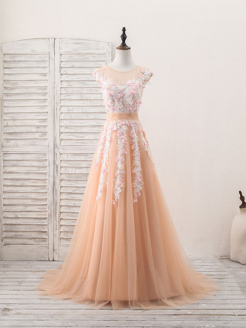 Champagne Tulle Lace Long Prom Dress, Champagne Evening Dress