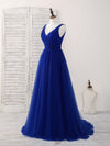 Simple V Neck Royal Blue Tulle Long Prom Dress Blue Evening Dress