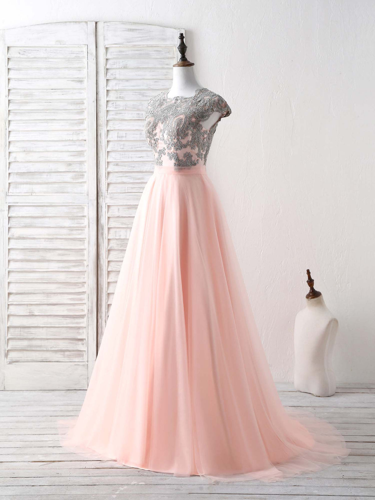 Elegant Tulle Lace Applique Long Prom Dress Tulle Evening Dress