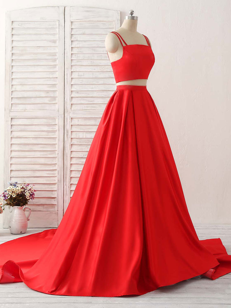 Red Two Pieces Satin Long Prom Dress Simple Red Evening Dress