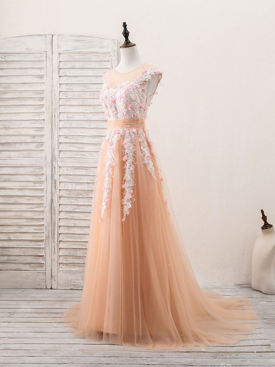 Champagne Tulle Lace Long Prom Dress, Champagne Evening Dress