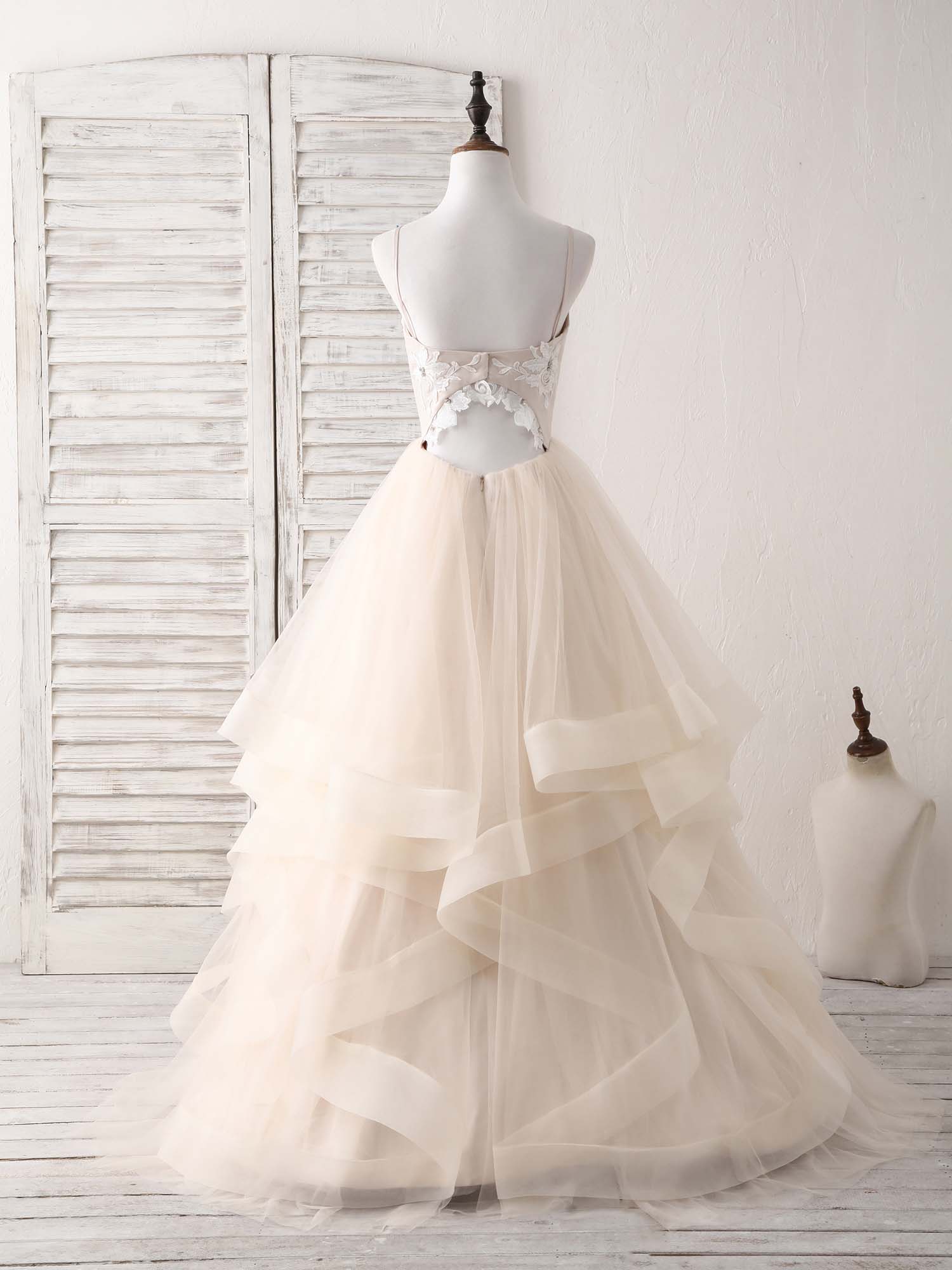 Champagne V Neck Tulle Lace Applique Long Prom Dress Sweet 16 Dress US 8 / Champagne Champagne V Neck Tulle Lace Applique Long Prom Dress Sweet 16 Dress US 8 / Champagne