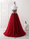 Burgundy Sweetheart Neck Lace Applique Tulle Long Prom Dresses