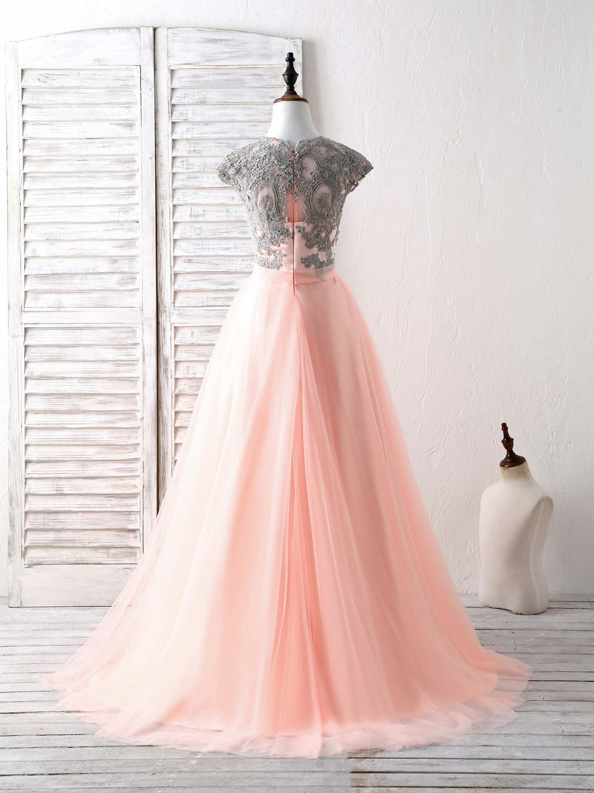 Elegant Tulle Lace Applique Long Prom Dress Tulle Evening Dress