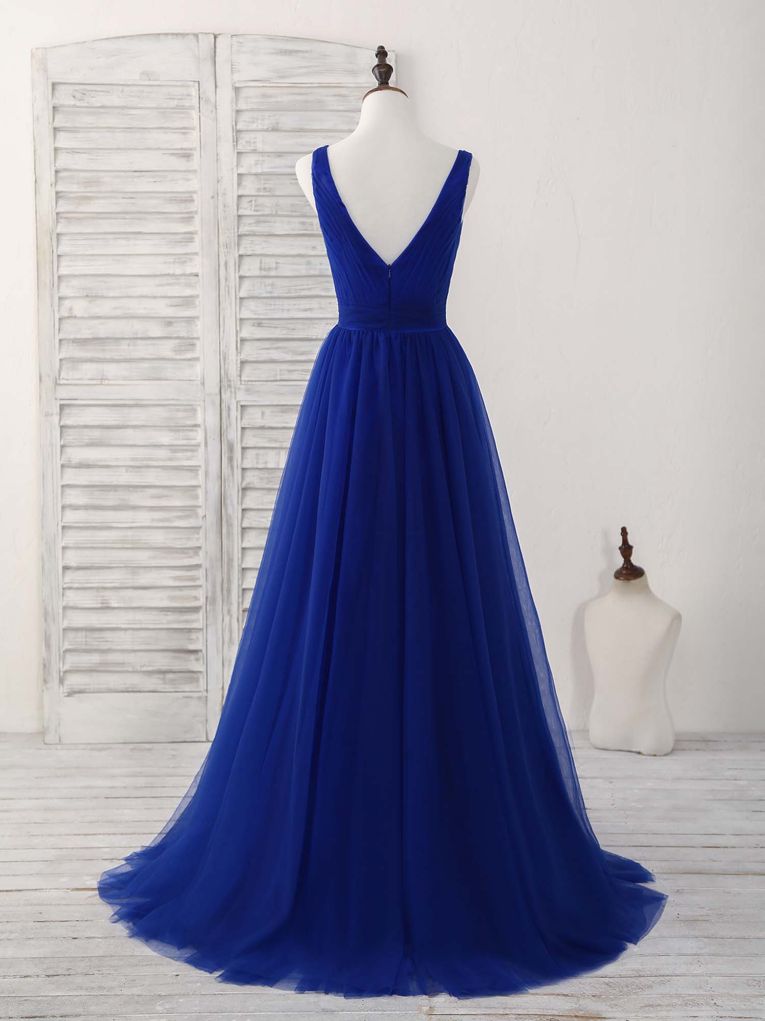 Simple V Neck Royal Blue Tulle Long Prom Dress Blue Evening Dress US 12 / Custom Color