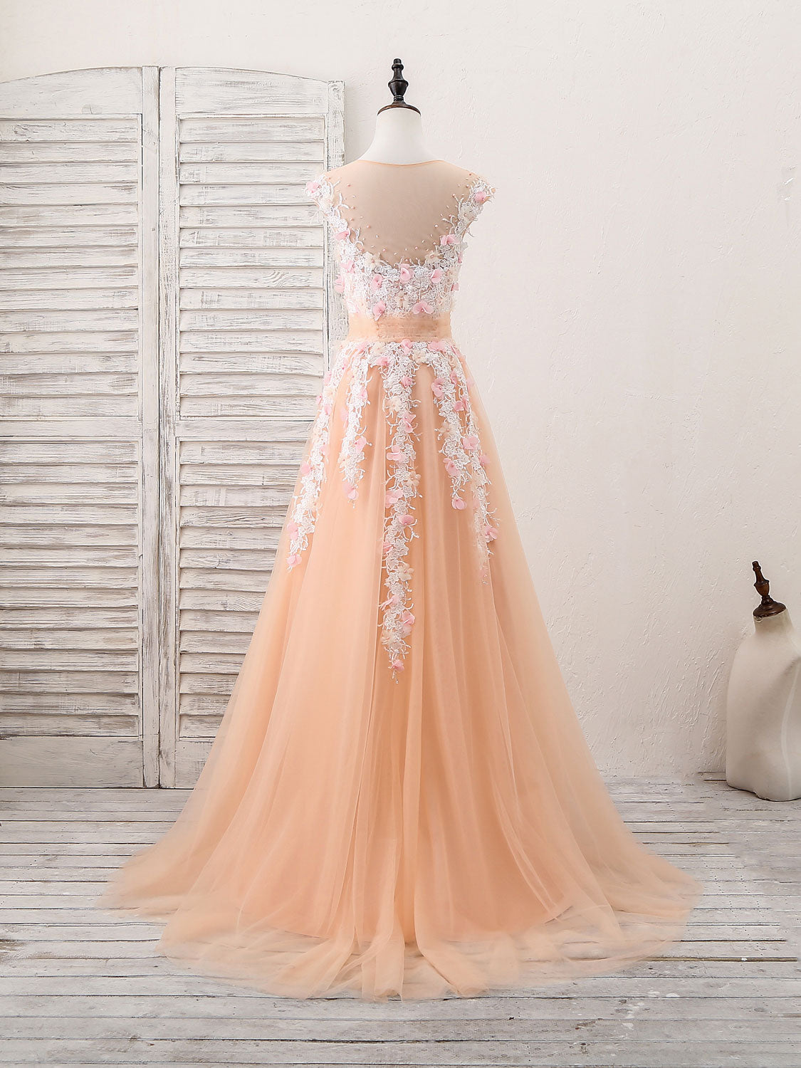 Champagne Tulle Lace Long Prom Dress, Champagne Evening Dress