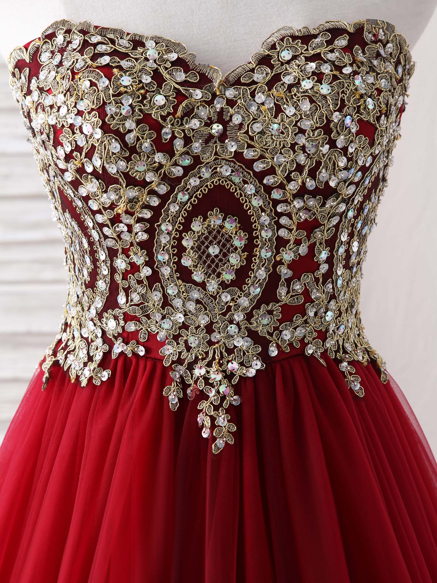 Burgundy Sweetheart Neck Lace Applique Tulle Long Prom Dresses – shopluu
