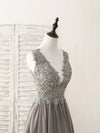 Cute V Neck Lace Chiffon Gray Short Prom Dress Gray Homecoming Dress