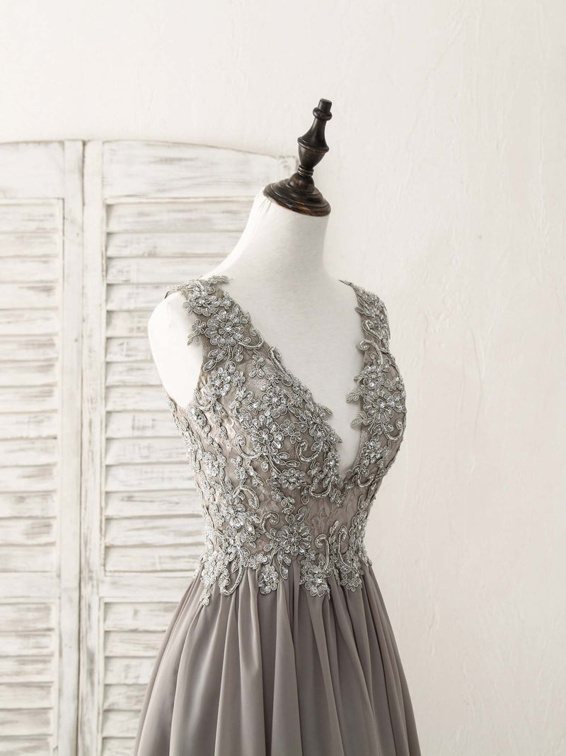 Cute V Neck Lace Chiffon Gray Short Prom Dress Gray Homecoming Dress shopluu Cute V Neck Lace Chiffon Gray Short Prom Dress Gray Homecoming Dress shopluu